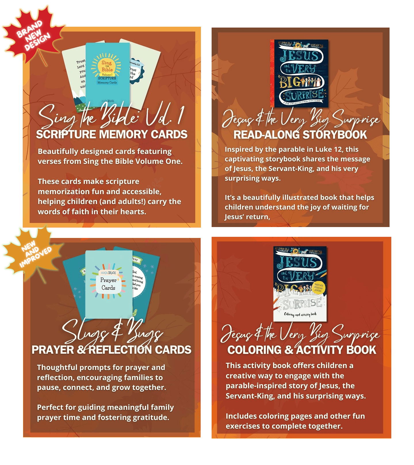 Family Gather & Grow Pack: Four product cards include Sing the Bible Vol. 1 Scripture Memory Cards, Jesus & the Very Big Surprise Read-Along Storybook, Slugs & Bugs Prayer & Reflection Cards, and Jesus & the Very Big Surprise Coloring & Activity Book. Each product card describes the benefits, like making scripture memorization fun, fostering family prayer time, and offering creative engagement through storytelling and activities.