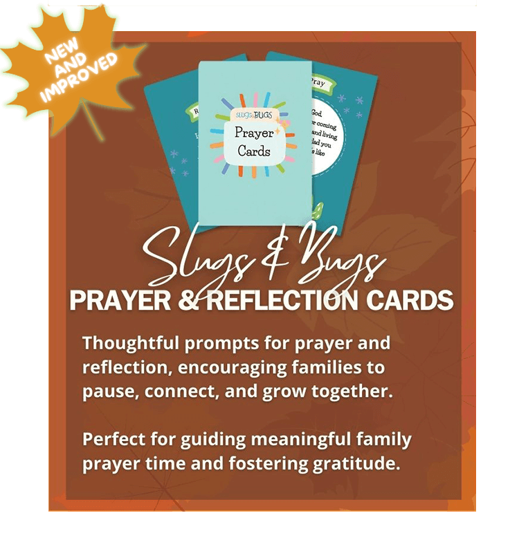 Slugs & Bugs Prayer & Reflection Cards. Thoughtful prompts for prayer and reflection. Encourages families to connect and grow in faith, guiding meaningful family prayer time.